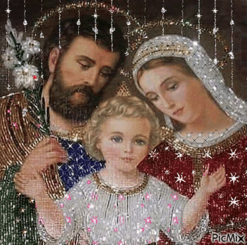 A Painting Of The Holy Family With Jesus , Mary , And Joseph . GIF