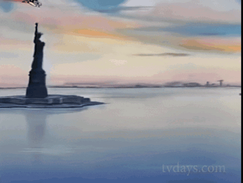 A Painting Of The Statue Of Liberty With Tvdays.com Written On The Bottom GIF