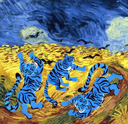 A Painting Of Three Blue Tigers On A Yellow Field GIF