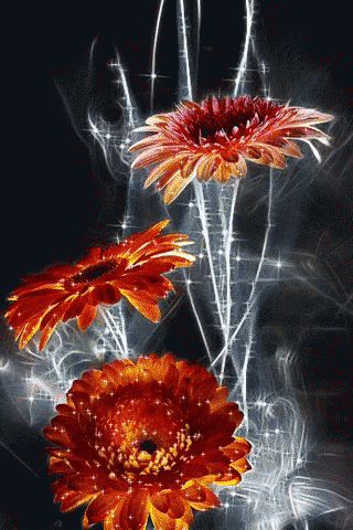 A Painting Of Three Flowers With Smoke Coming Out Of Them GIF