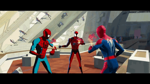 A Painting Of Three Spider-Man In A Room GIF