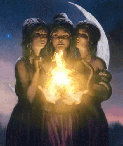 A Painting Of Three Women Holding A Ball Of Fire GIF