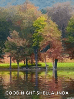 a painting of trees in a lake with the words good night shellalinda on the bottom
