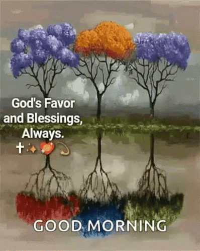 A Painting Of Trees With The Words God 'S Favor And Blessings Always Written On It GIF