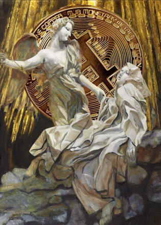 A Painting Of Two Angels With A Coin In The Background That Says ' E Copper ' GIF