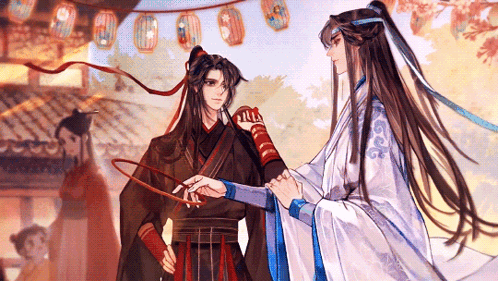 A Painting Of Two Anime Characters Holding Hands With Lanterns In The Background GIF