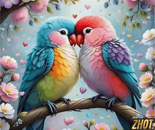 A Painting Of Two Colorful Birds Kissing On A Tree Branch With Zhut Written Below Them GIF