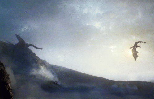 A Painting Of Two Dragons Flying Over A Mountain GIF