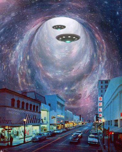 A Painting Of Two Flying Saucers Over A City Street With A Bell 'S Sign In The Foreground GIF