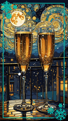 A Painting Of Two Glasses Of Champagne On A Balcony At Night GIF