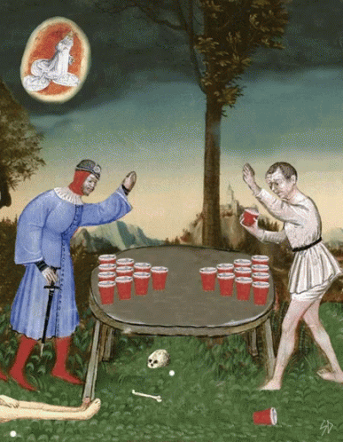A Painting Of Two Men Playing A Game With Red Cups On A Table GIF