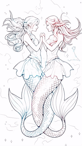 A Painting Of Two Mermaids Holding Hands GIF