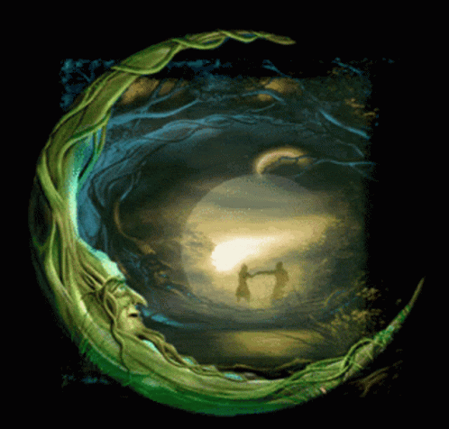A Painting Of Two People Holding Hands In A Forest GIF