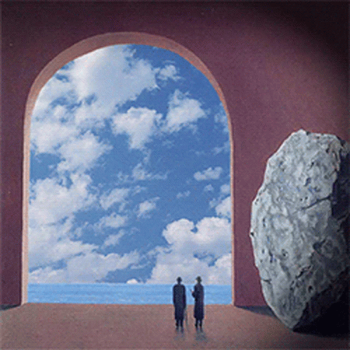 A Painting Of Two People Standing Under An Archway Overlooking A Body Of Water GIF
