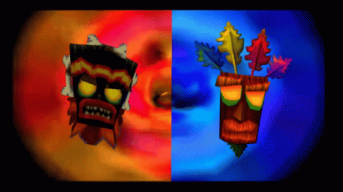 A Painting Of Two Tiki Masks With Leaves On Them GIF