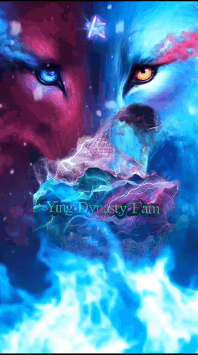 A Painting Of Two Wolves With The Words Ying Dynasty I Am Written Below Them GIF