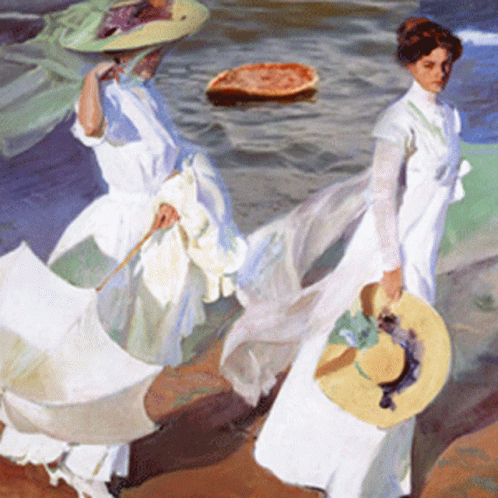 A Painting Of Two Women With Hats And Umbrellas GIF
