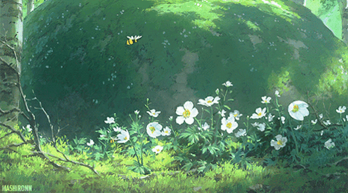 A Painting Of White Flowers And A Large Green Rock With Mashironn Written In The Bottom Right Corner GIF