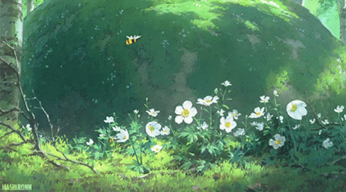 A Painting Of White Flowers And A Large Green Rock With Mashironn Written On The Bottom Right GIF