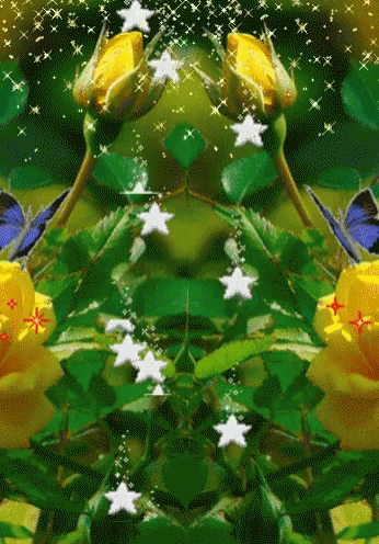 A Painting Of Yellow Roses And Blue Butterflies With White Stars GIF