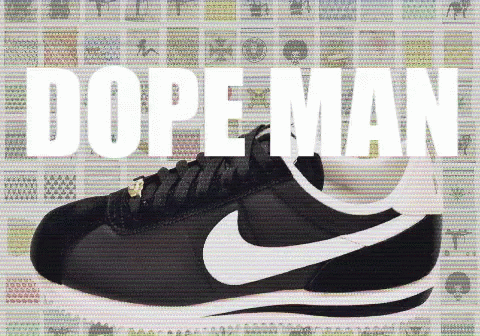 A Pair Of Black And White Nike Shoes With The Words Dope Man Written On The Bottom GIF