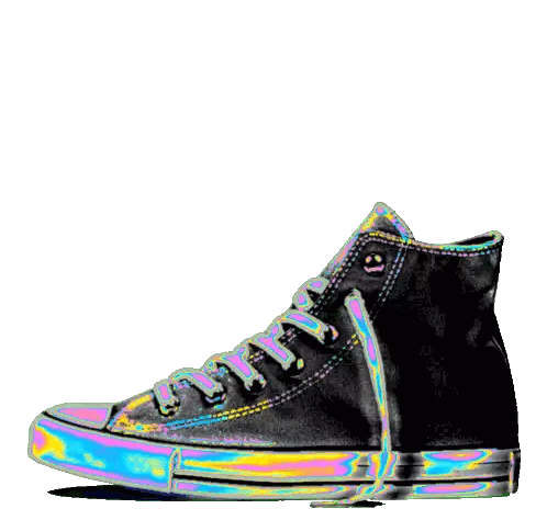 a pair of black high top sneakers with a rainbow colored sole on a white background