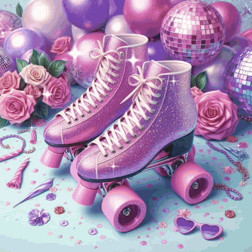 A Pair Of Pink Roller Skates Surrounded By Disco Balls And Roses GIF