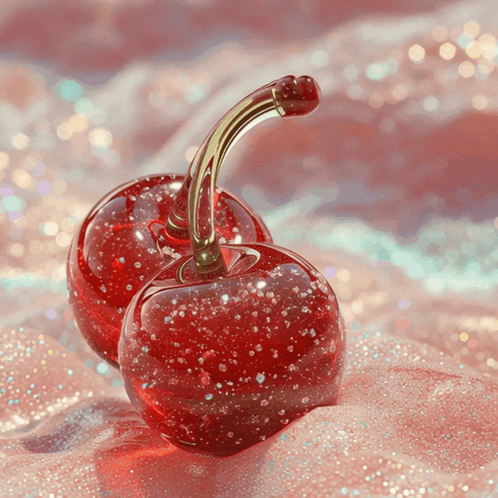A Pair Of Red Cherries Sitting On A Pink Surface GIF