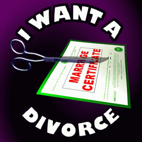 A Pair Of Scissors Cutting A Marriage Certificate With The Words I Want A Divorce Below It GIF