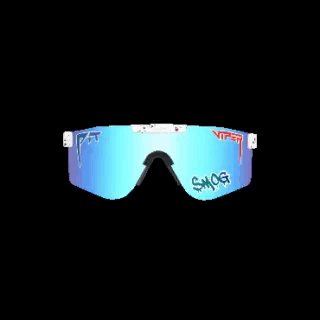 A Pair Of Sunglasses With A Blue Lens And A Red Sticker On Them On A Black Background . GIF