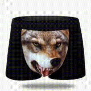 A Pair Of Underwear With A Picture Of A Wolf 'S Face On Them . GIF