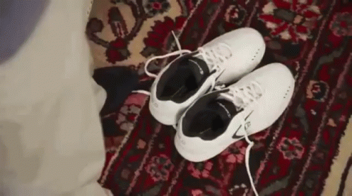 A Pair Of White Shoes Are Sitting On Top Of A Rug . GIF