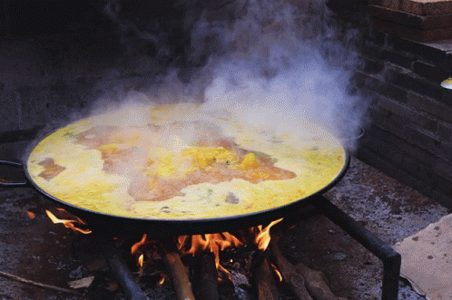 A Pan Of Food Is Cooking On A Fire GIF