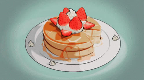 A Pancake With Syrup And Whipped Cream And Strawberries On Top GIF