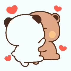 A Panda And A Teddy Bear Are Hugging Each Other With Hearts Around Them . GIF