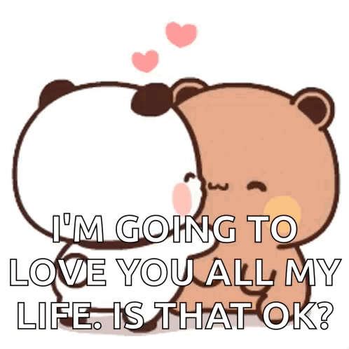 a panda bear and a brown bear are hugging each other and saying i 'm going to love you all my life