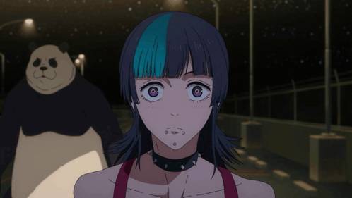 A Panda Bear And A Girl With Purple Eyes Are Standing Next To Each Other GIF
