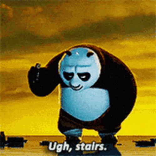 A Panda Bear From Kung Fu Panda Is Standing On Stairs And Saying Ugh Stairs . GIF