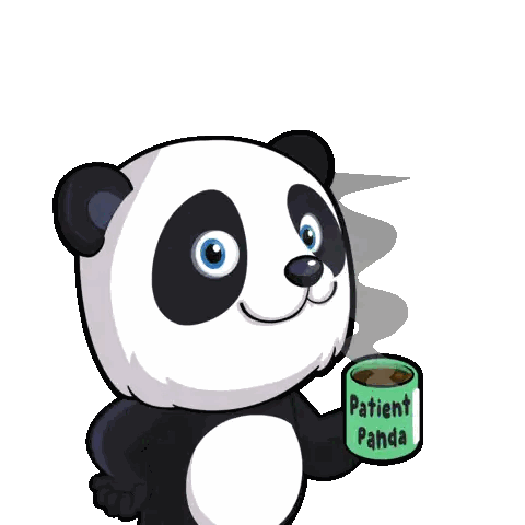 a panda bear holding a cup of patient panda