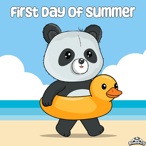 A Panda Bear Holding A Yellow Rubber Duck On The Beach With The Words First Day Of Summer GIF