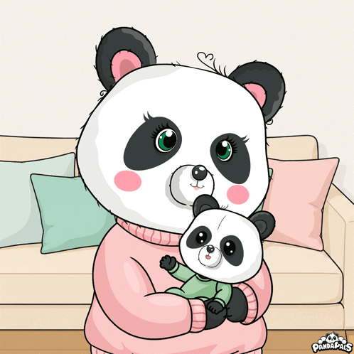 A Panda Bear Is Holding A Baby Panda Bear In Her Arms GIF