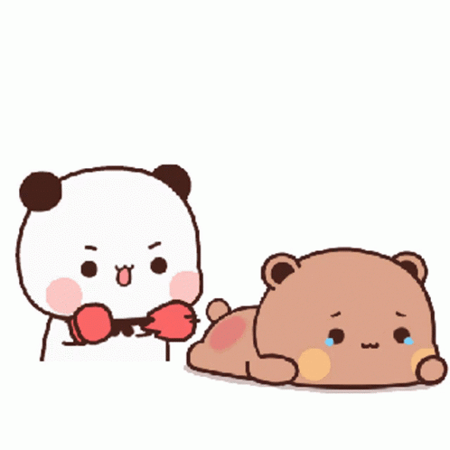 A Panda Bear Is Holding A Pair Of Boxing Gloves Next To A Bear That Is Crying . GIF