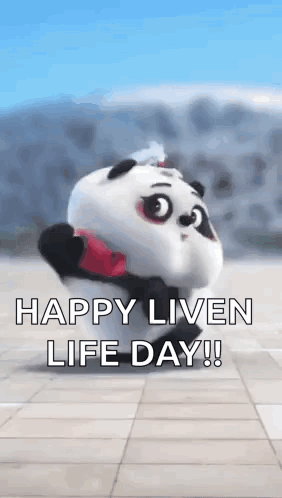 A Panda Bear Is Holding A Red Heart And Saying Happy Liven Life Day . GIF