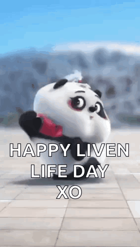 A Panda Bear Is Holding A Red Heart And Says `` Happy Liver Life Day Xo '' . GIF