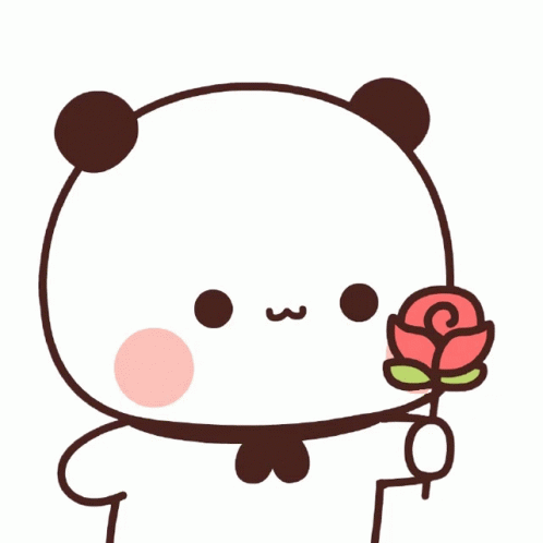 A Panda Bear Is Holding A Rose In Its Hand GIF
