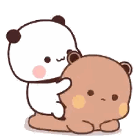 a panda bear is putting its paw on another bear 's back .