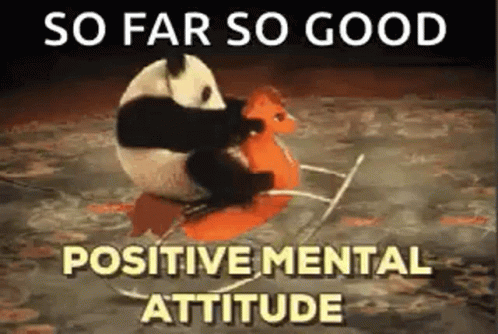 A Panda Bear Is Riding A Rocking Horse With The Caption `` So Far So Good Positive Mental Attitude '' . GIF