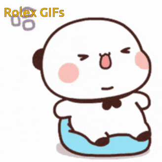 A Panda Bear Is Sitting On A Blue Pillow With The Words Rolex Gifs Behind It GIF
