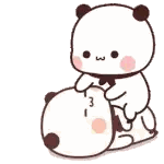 a panda bear is sitting on another panda bear .