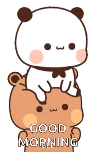 A Panda Bear Is Sitting On Top Of A Brown Bear With The Words `` Good Morning '' Written On It . GIF